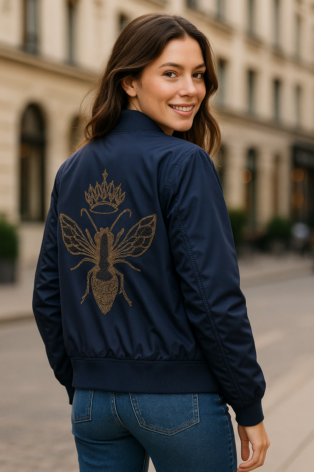Woman wearing a navy blue bomber jacket with a gold emblem on the back, standing on a street.