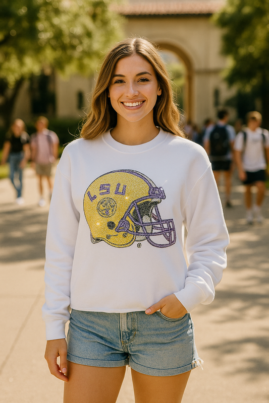 LSU Helmet White Crewneck Sweatshirt