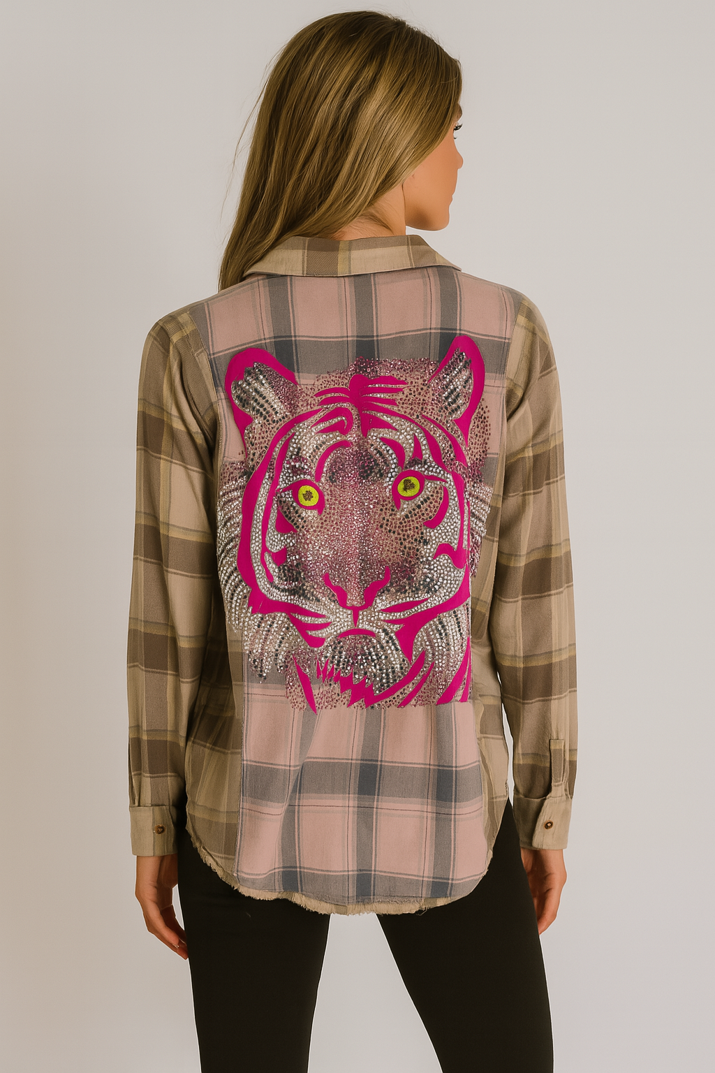 Shirt, Flannel Pink Plaid, Pink Tiger