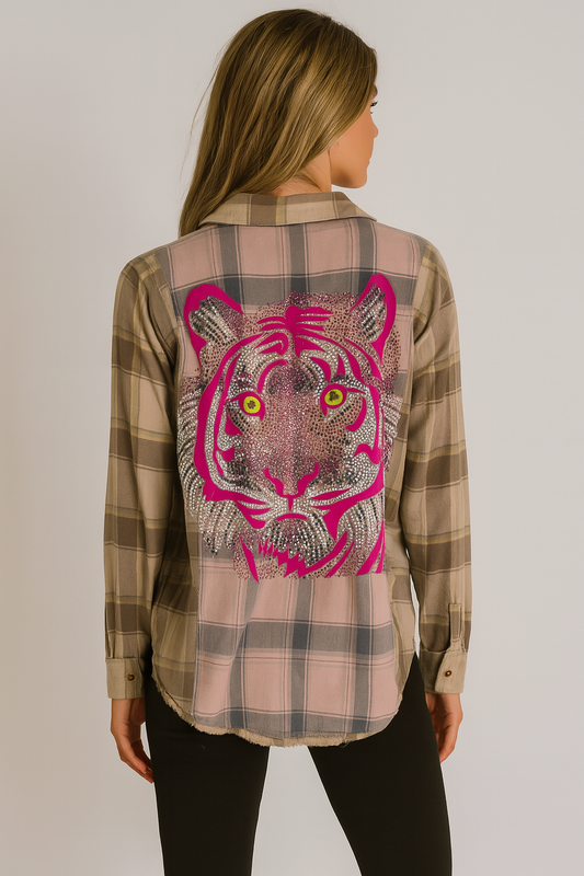 Shirt, Flannel Pink Plaid, Pink Tiger