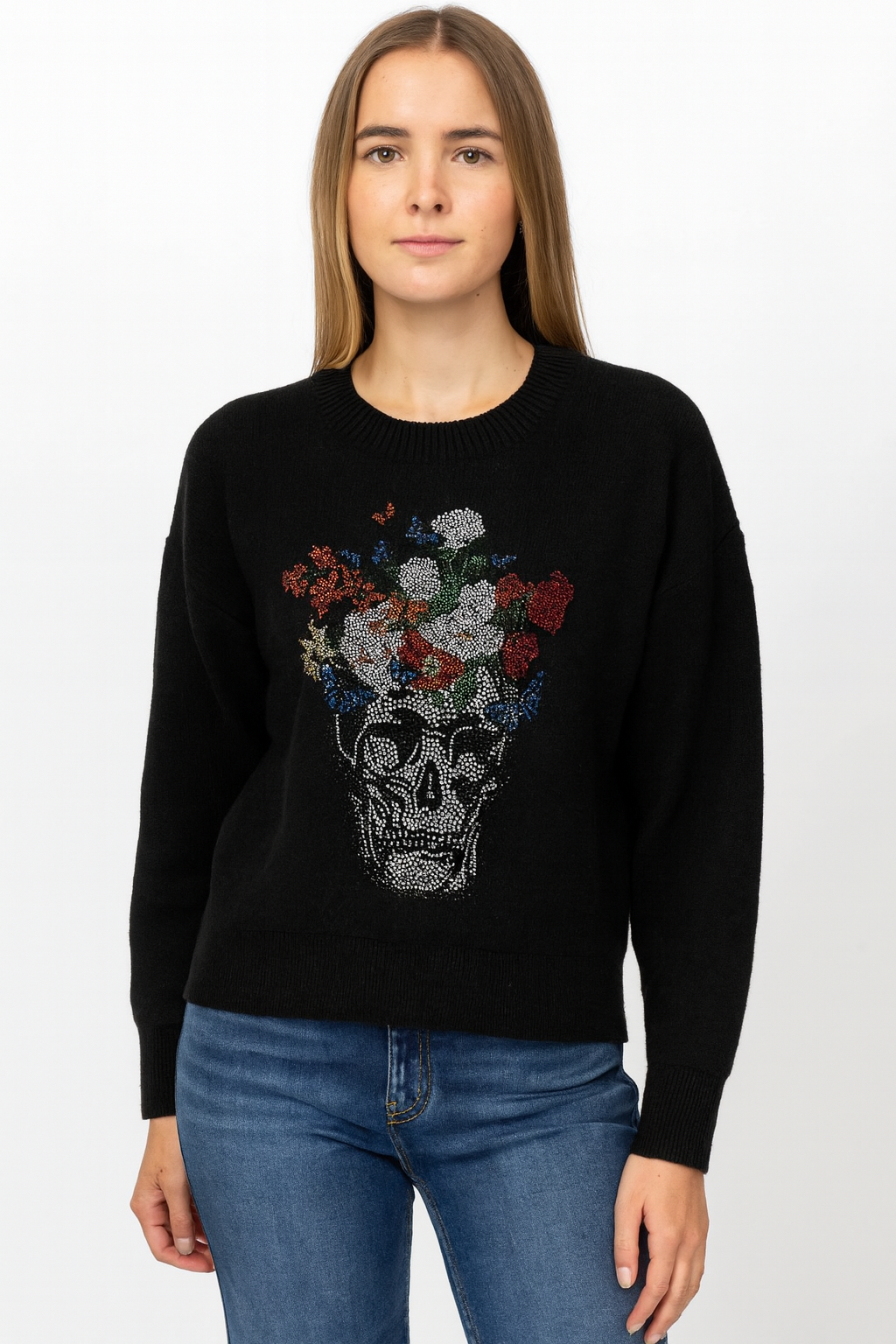 Skull Flowers Black Crewneck Sweater