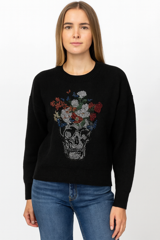 Skull Flowers Black Crewneck Sweater