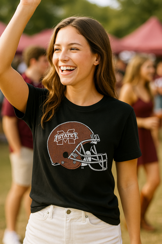 Game Day T-Shirt, Black Short Sleeve Crewneck, Mississippi State Helmet