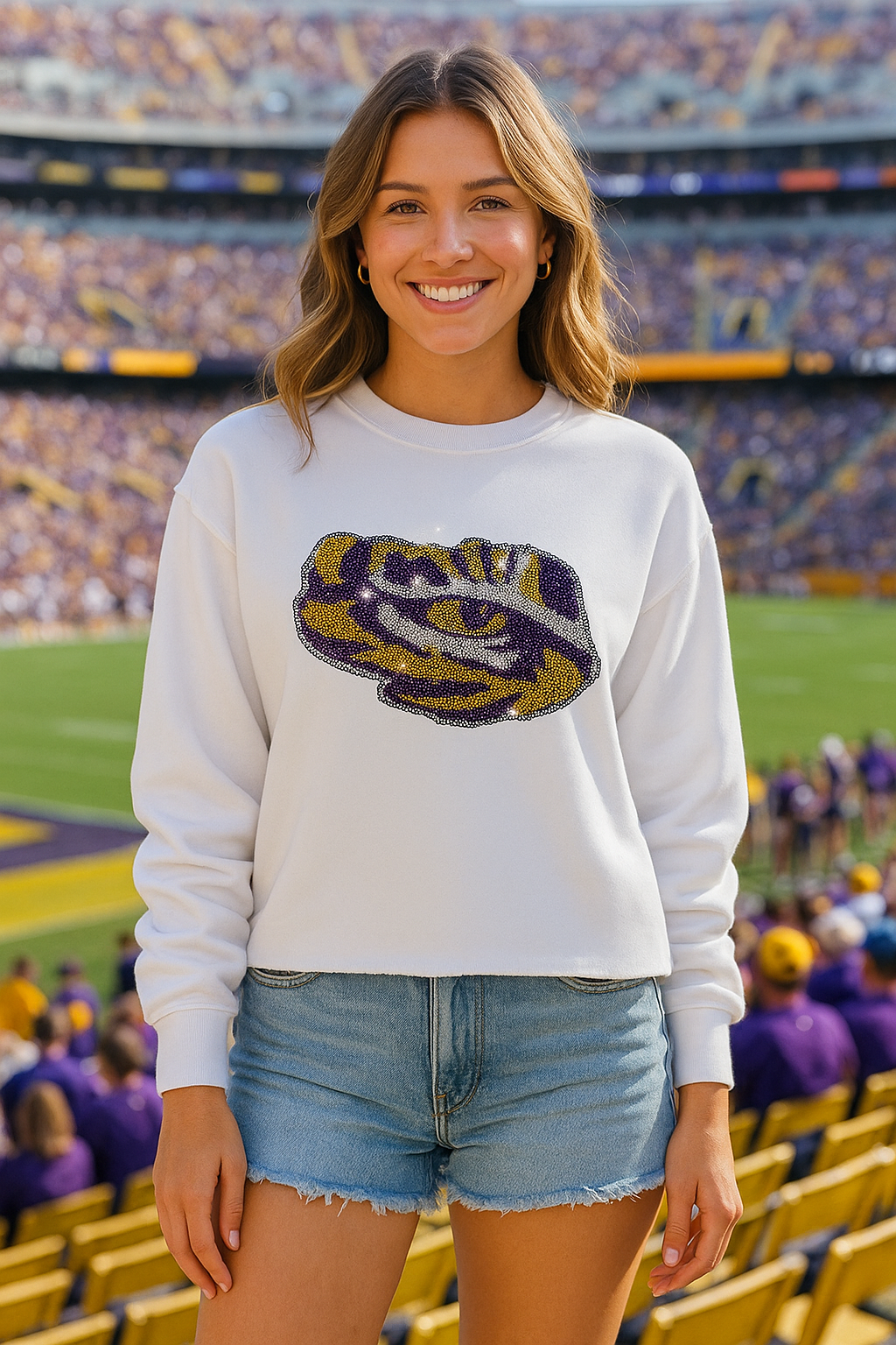 Game Day Sweatshirt, Crewneck White, LSU Tiger Eye