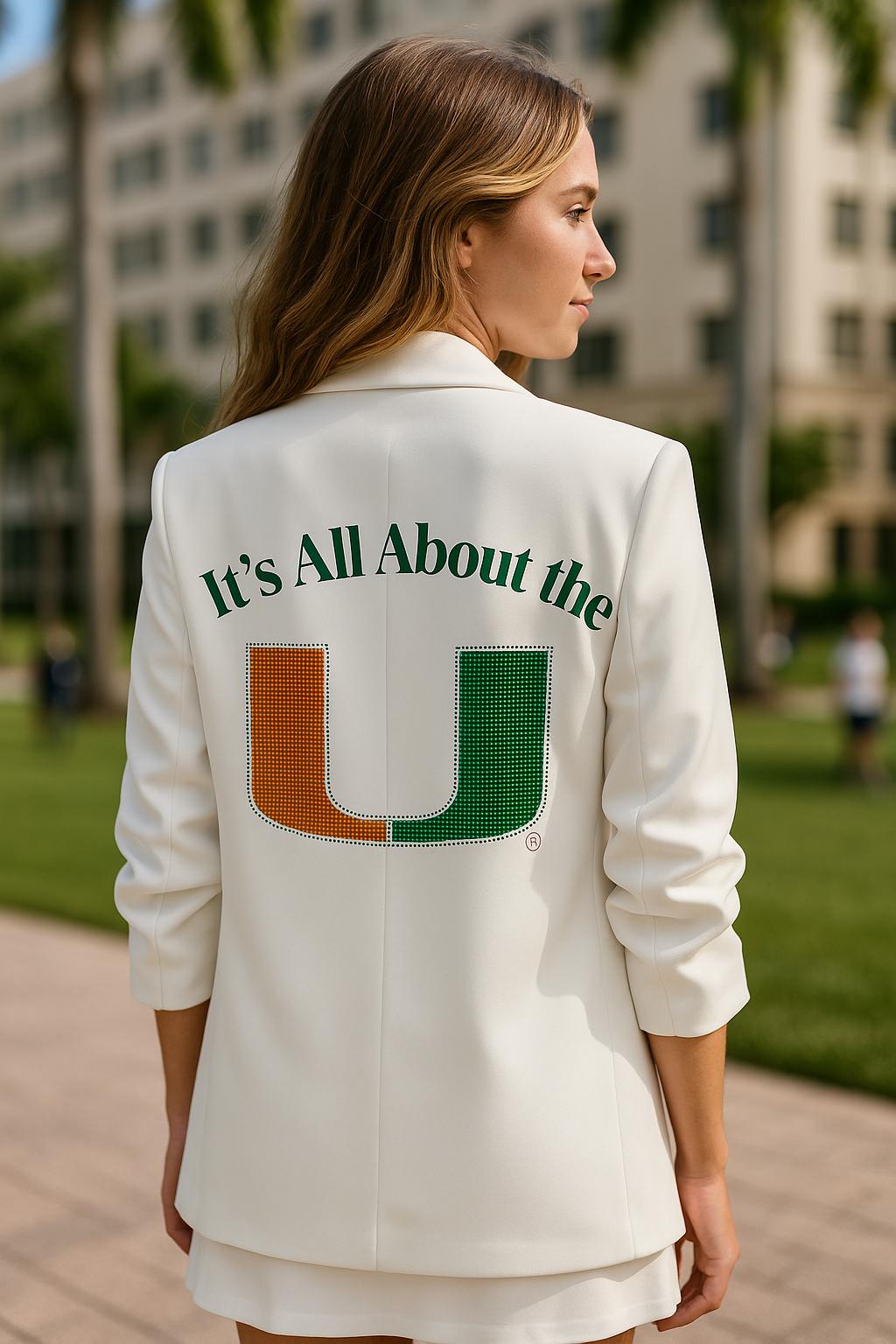 Game Day Blazer, Ruched Sleeve White, University Of Miami All About The U