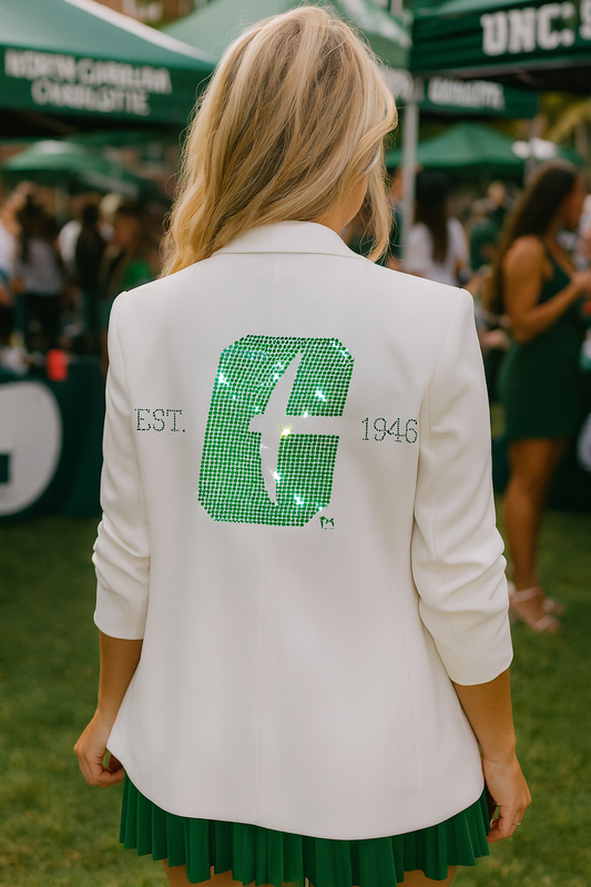 University of N Carolina-Charlotte EST. 1946 White Ruched Sleeve Blazer