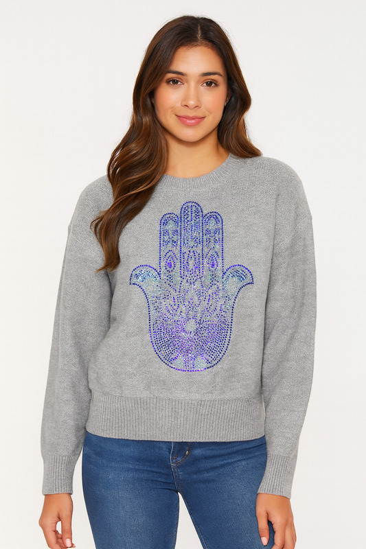 Blue Hamsa Gray Cardigan Sweater