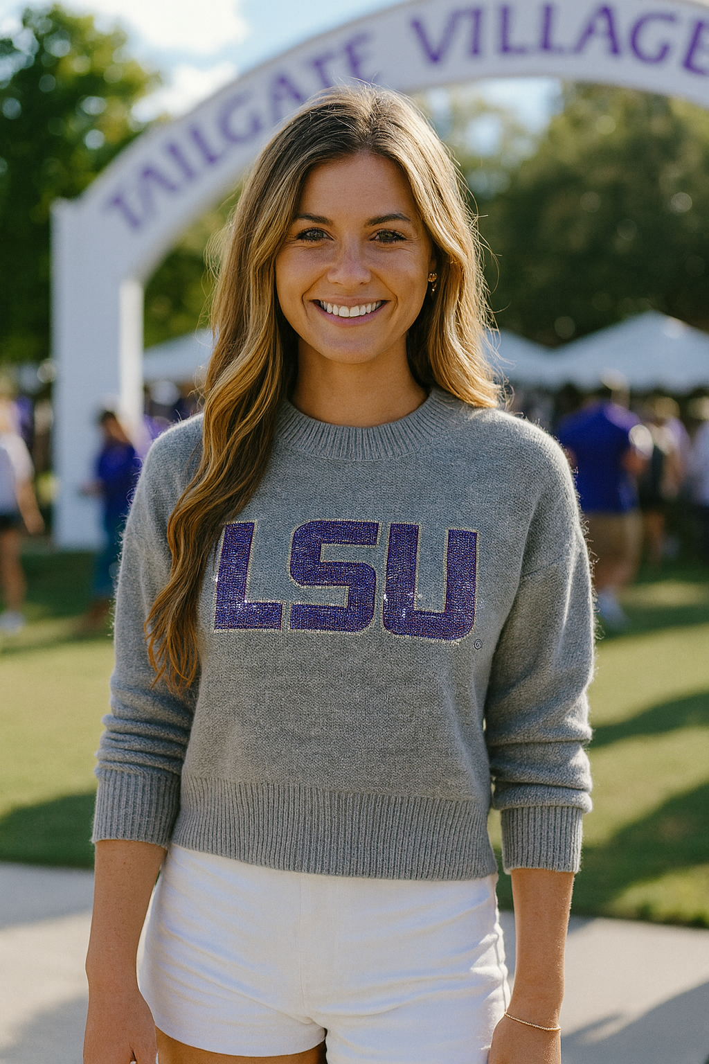 LSU Crystal Block Letters Gray Crewneck Sweater