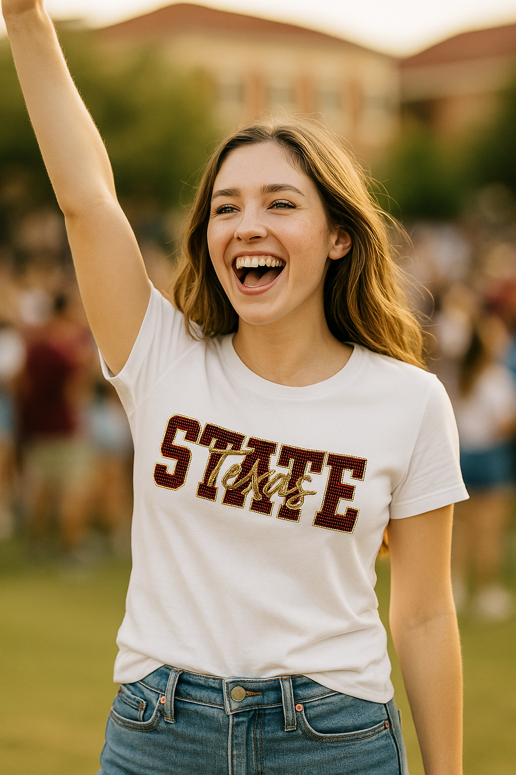 Game Day T-Shirt, Crewneck White, Texas State Script