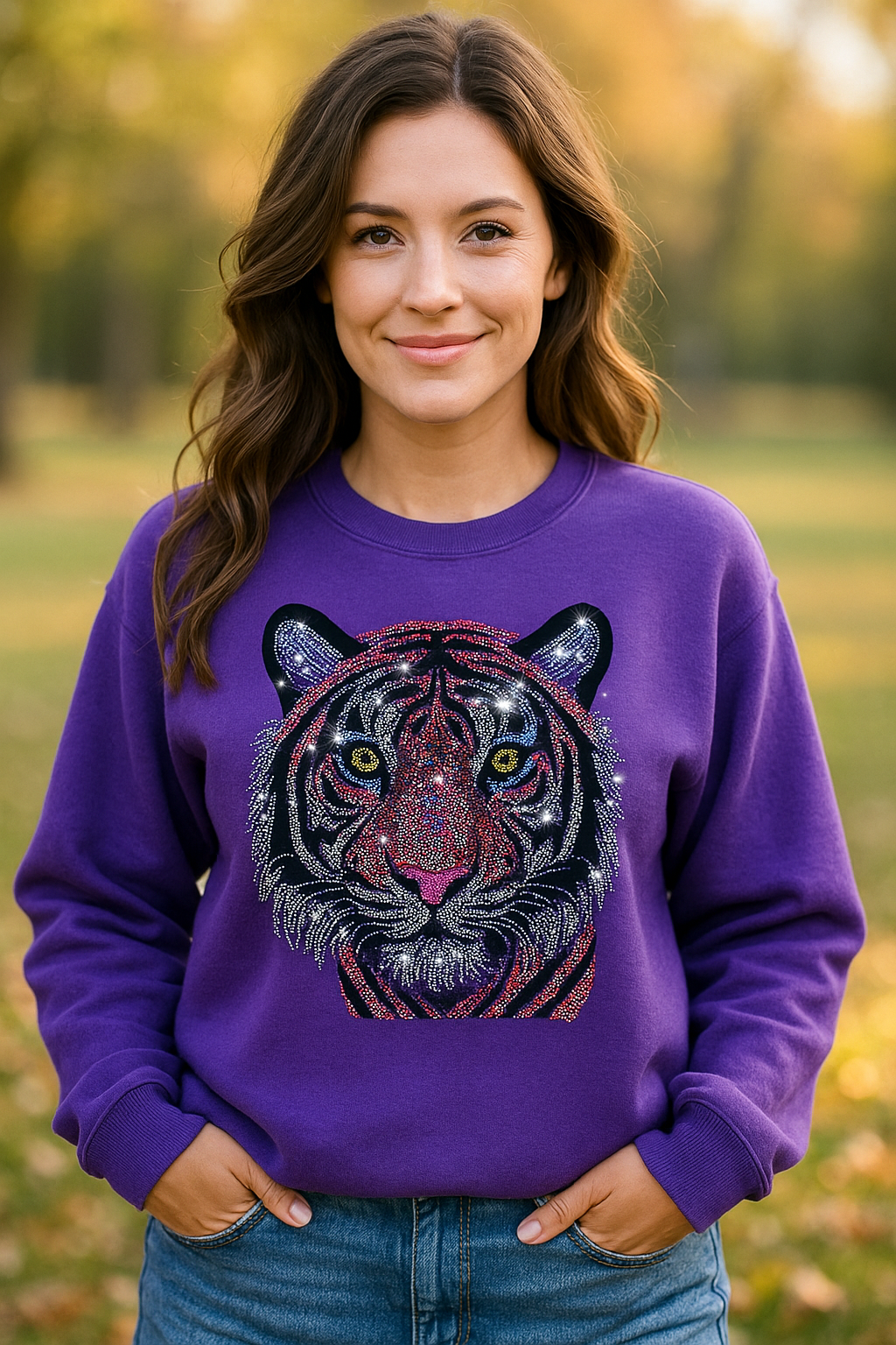 Sweatshirt, Crewneck Purple, Tiger Face