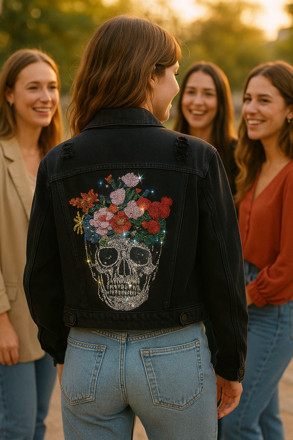 Jacket, Black Denim, Flower Skull