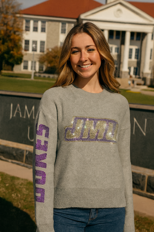 JMU Gray Crewneck Dukes and Crystal JMU Sweater