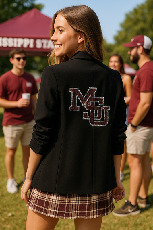 Licensed Game Day Blazer, Black Ruched, Mississippi State MSU Stacked