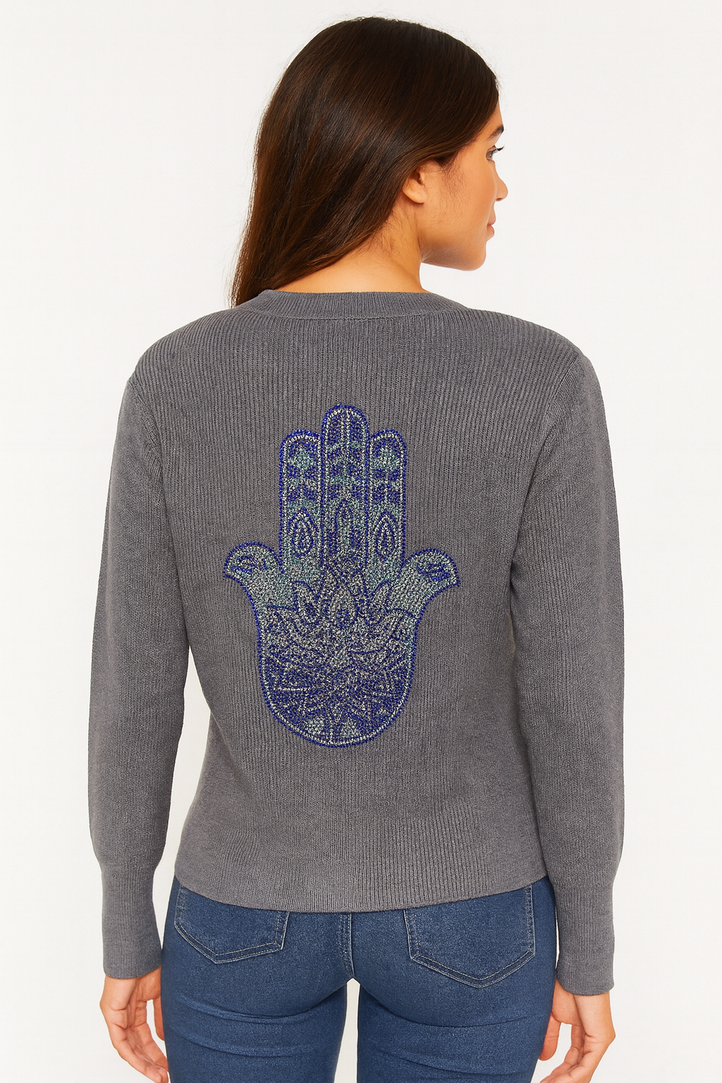 Blue Hamsa Gray Puff Cardigan