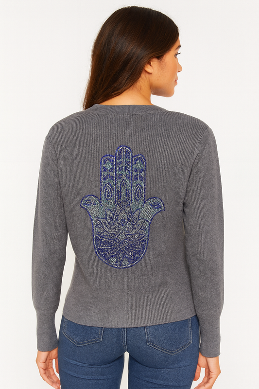 Blue Hamsa Gray Puff Cardigan