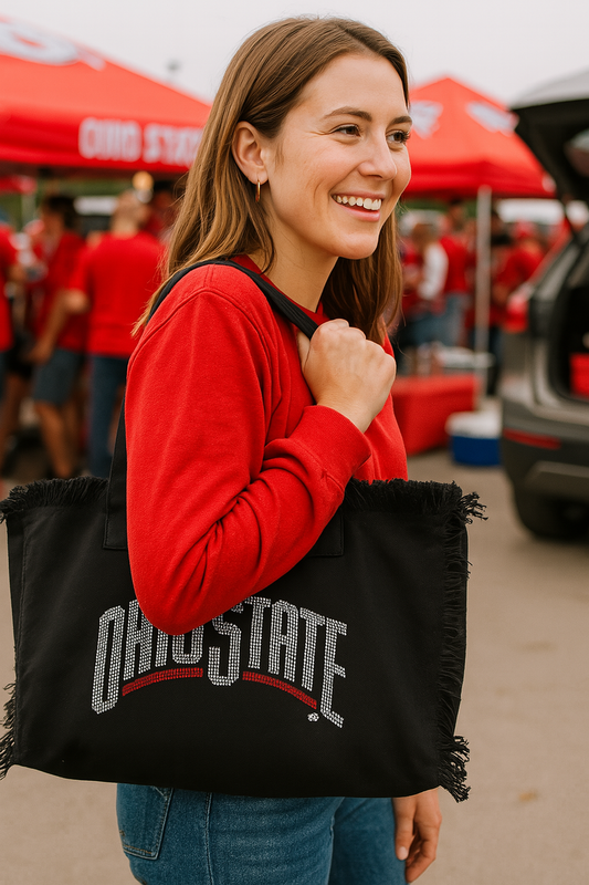 Black Canvas Tote Bag, Ohio State Curve White