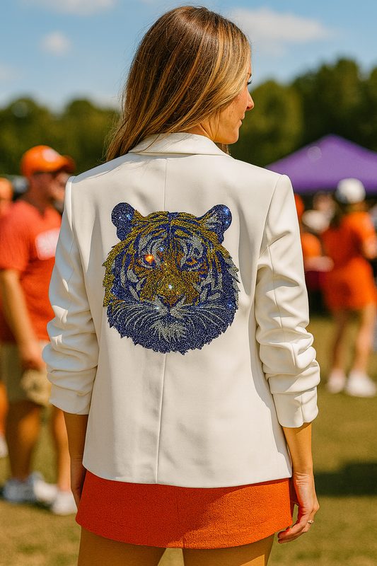 Clemson Tiger Face White Ruched Sleeve Blazer