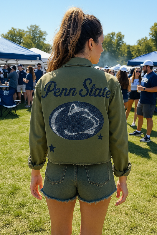 Person wearing a green 'Penn State' jacket with a logo at an outdoor event.