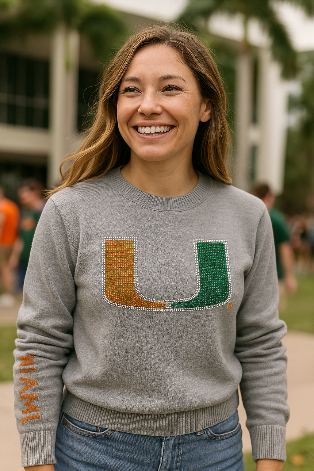 University Of Miami Gray Crewneck Crystal Large U & Miami Sweater