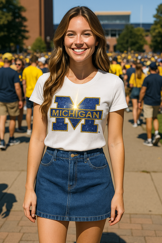 University of Michigan Block M White Crewneck Short Sleeve T-Shirt