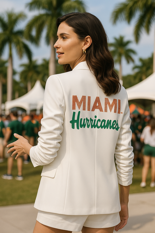 Game Day Blazer, White Ruched, University Of Miami Hurricanes Script