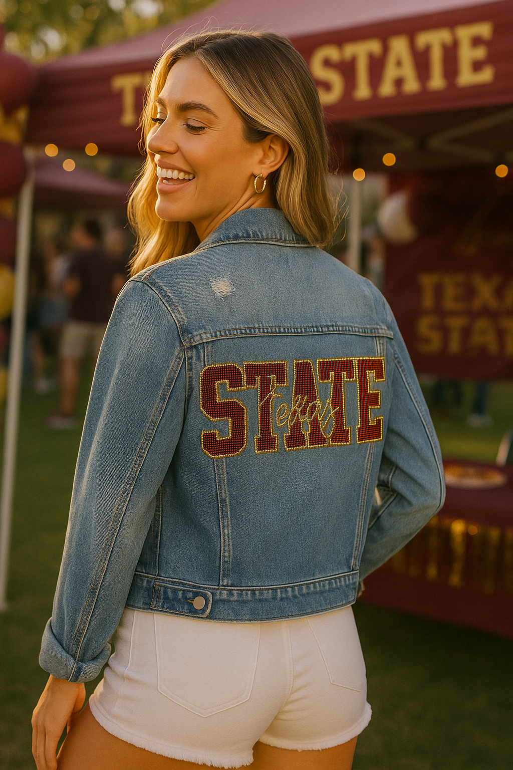 Game Day Jacket, Blue Denim, Texas State Script