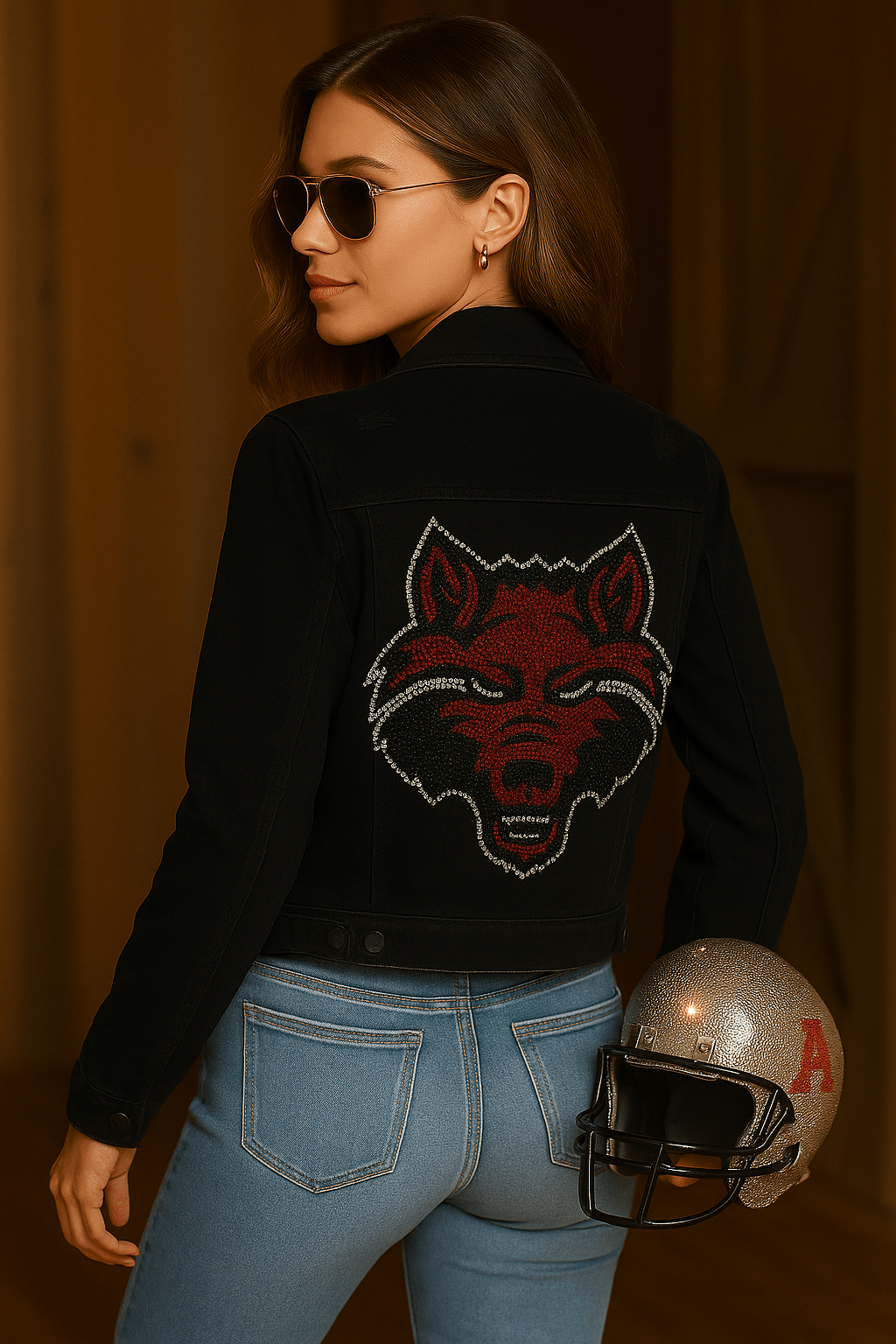 Game Day Jacket, Black Denim, Arkansas State Wolf