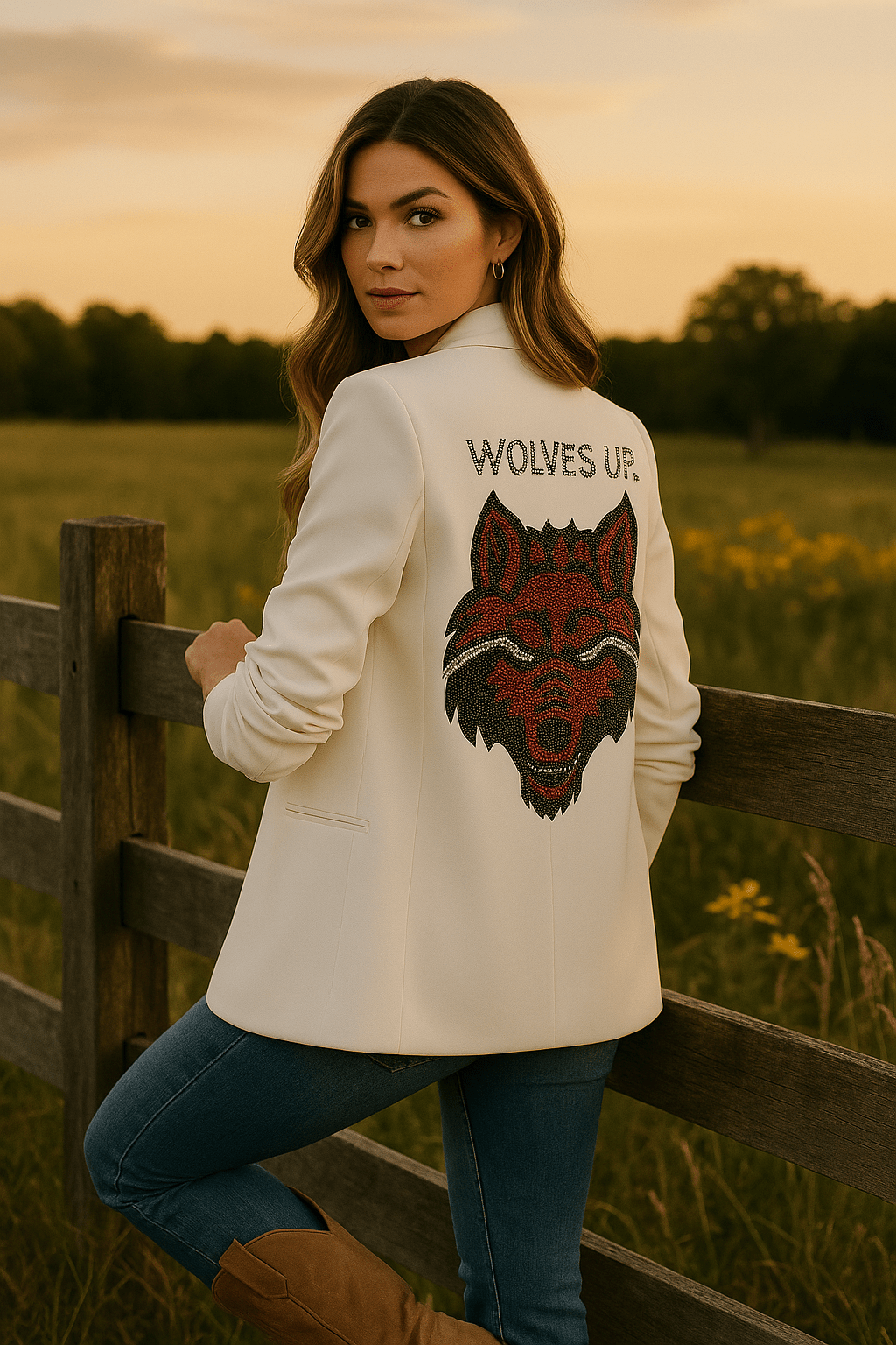 Game Day Blazer, Ruched White, Arkansas State Wolves Up Wolf