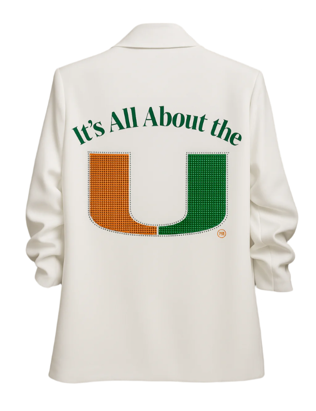 Game Day Blazer, Ruched Sleeve White, University Of Miami All About The U