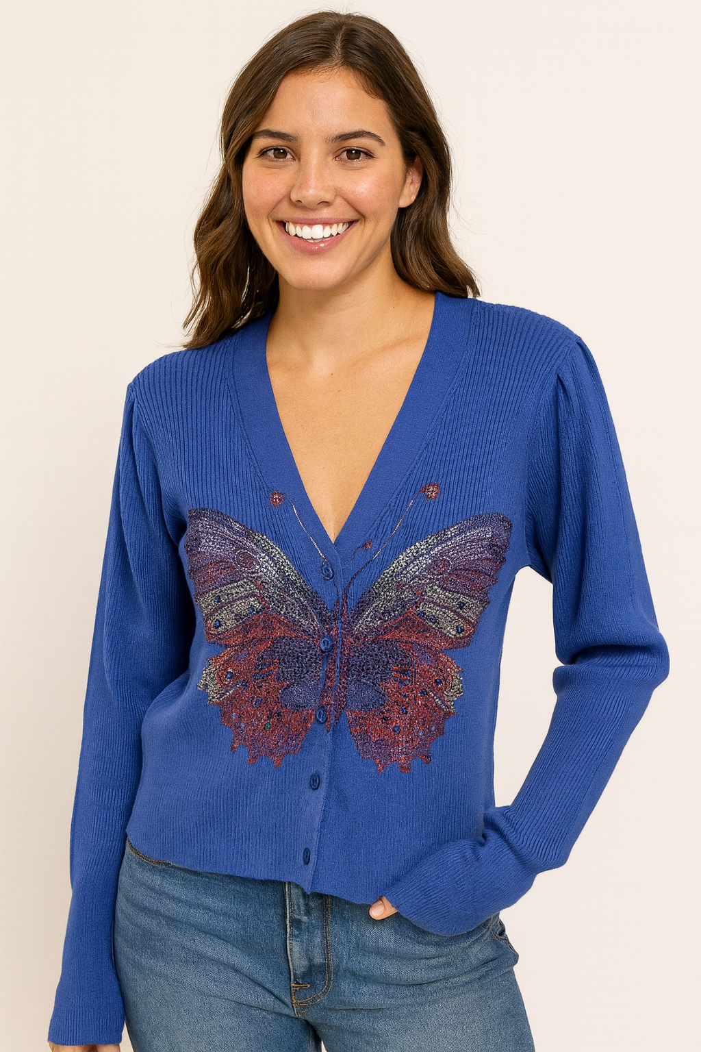 Butterfly Blue Puff Cardigan Sweater