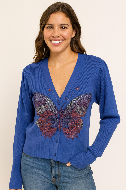 Butterfly Blue Puff Cardigan Sweater