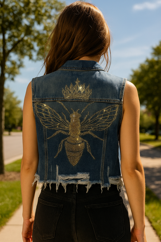 Vest, Denim, Gold Queen Bee