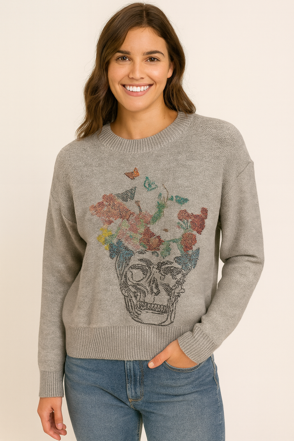 Flower Skull Gray Crewneck Sweater