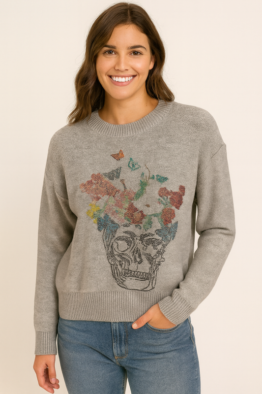 Flower Skull Gray Crewneck Sweater