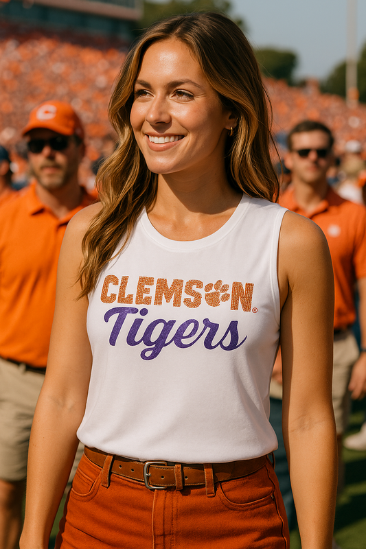 Game Day Tank Top, White, Clemson University Tigers Script