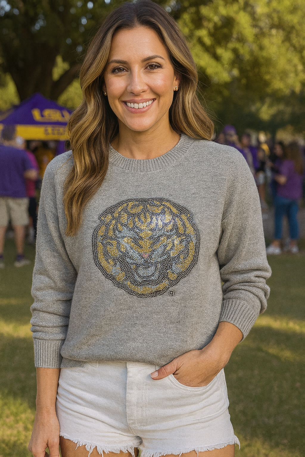 LSU Tiger Face Gray Crewneck Sweater