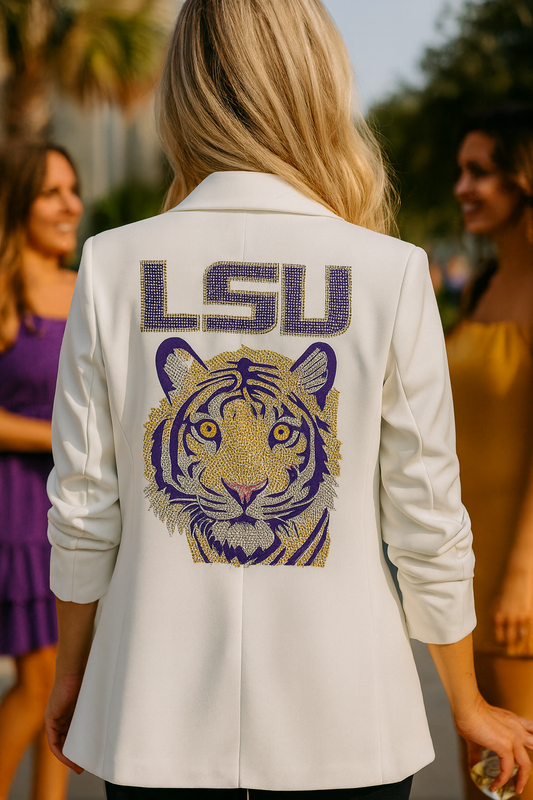 LSU Purple Tiger White Ruched Sleeve Blazer
