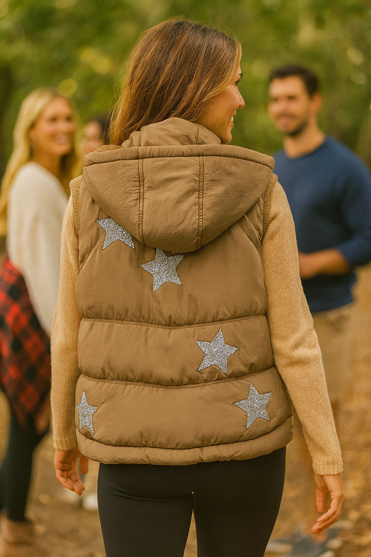 Vest, Puffer Tan, Silver Stars