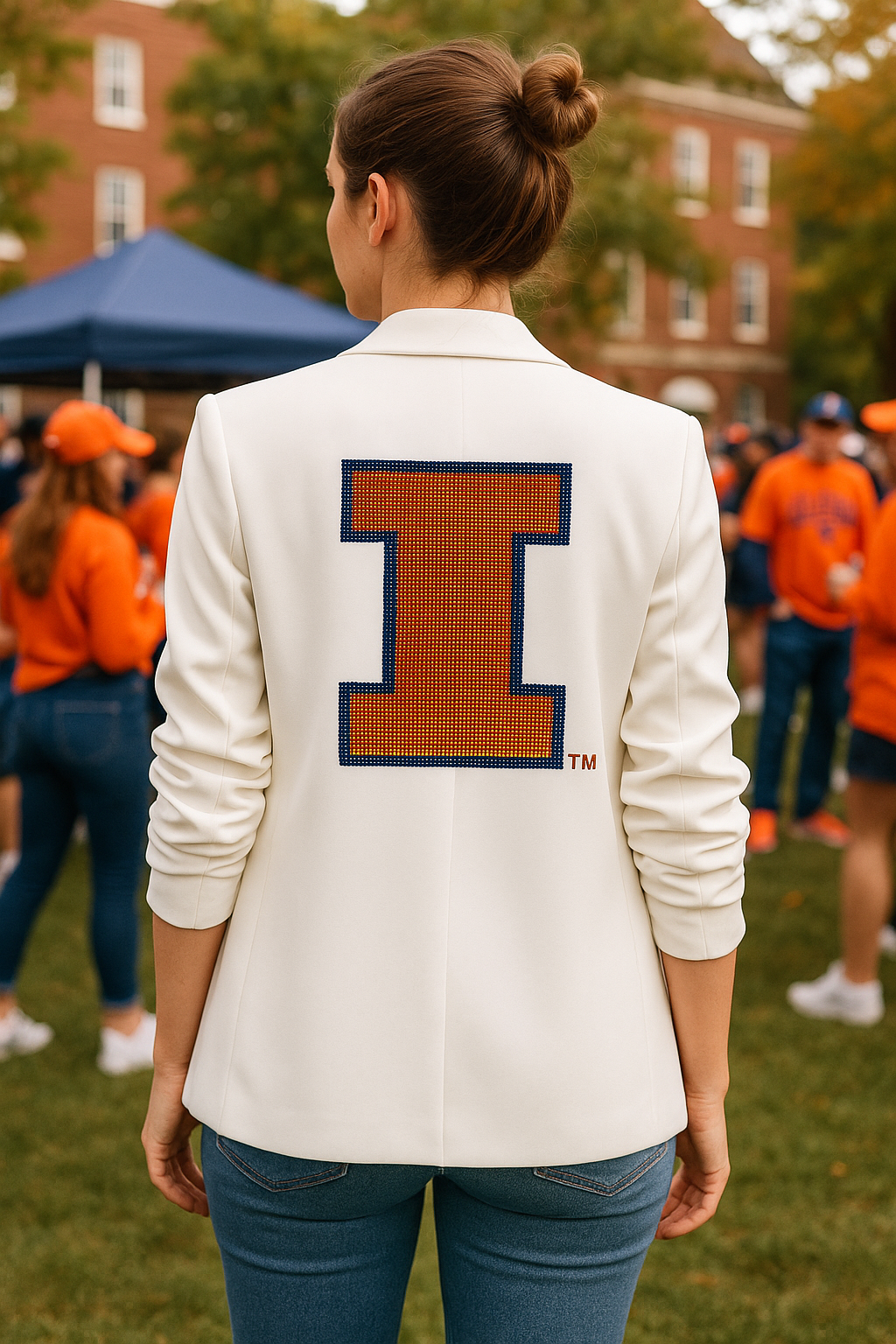 University of Illinois Block I White Ruched Sleeve Blazer