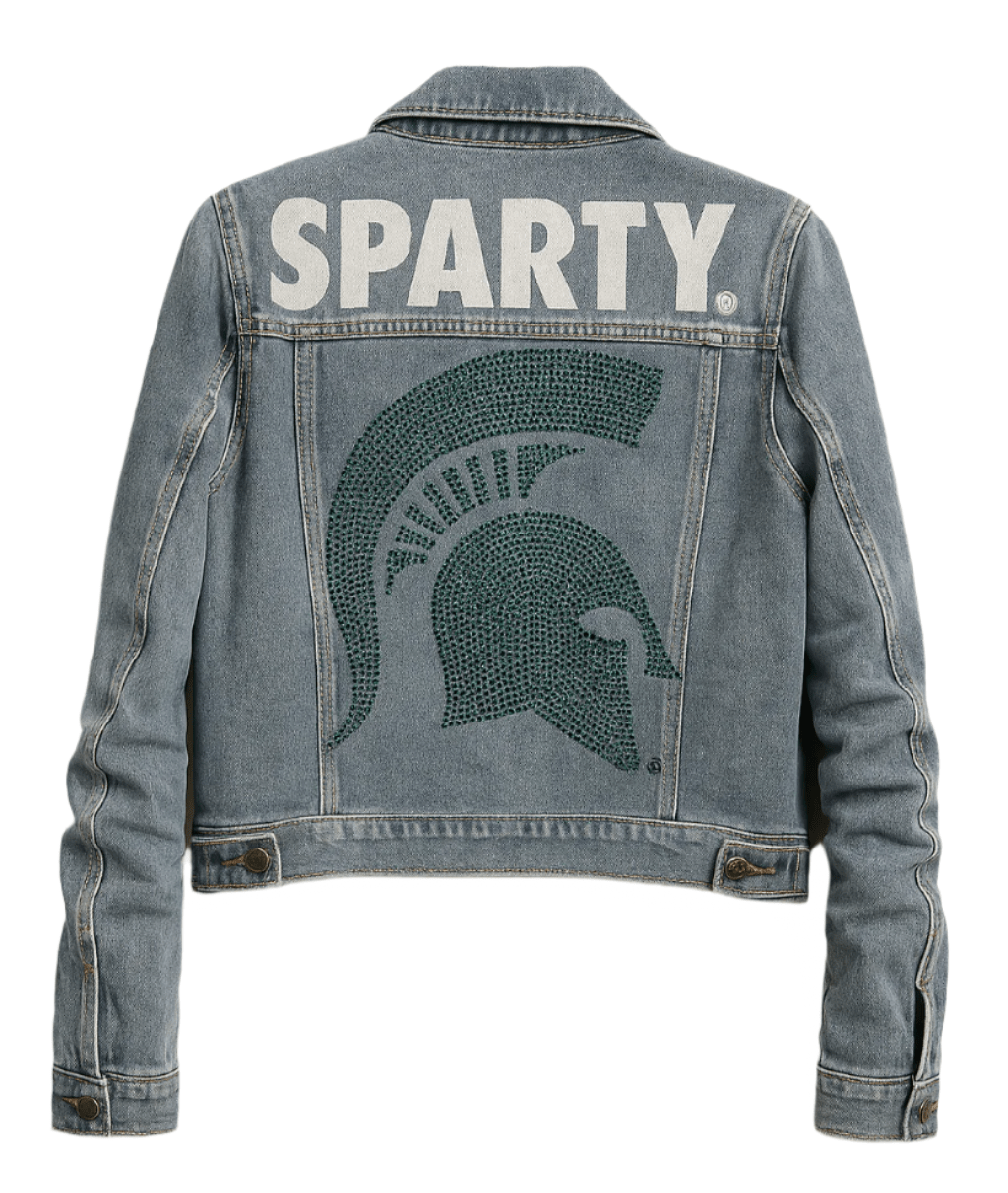 Game Day Jacket, Blue Denim, Michigan State Sparty Spartan Helmet