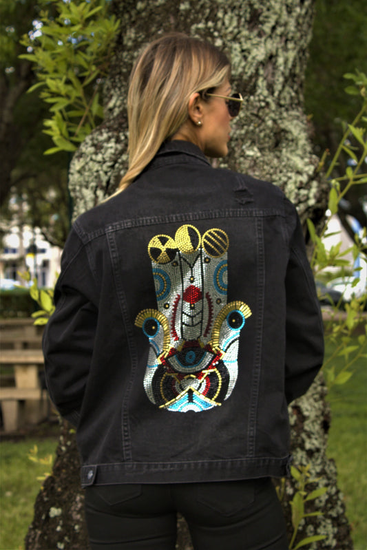 Jacket, Black Denim, Colorful Hamsa