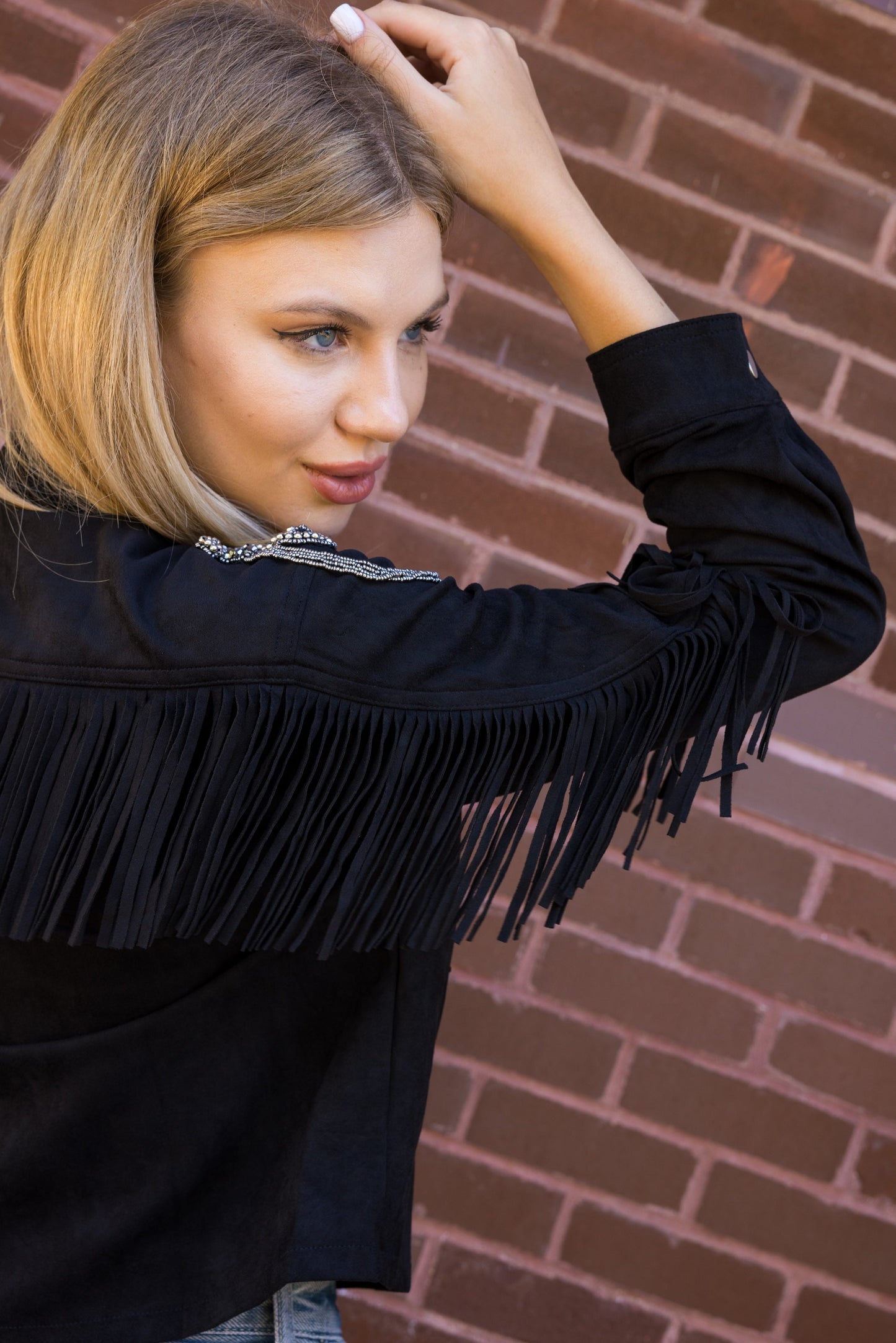 Jacket, Suede Fringe Black, Shoulder Medallions