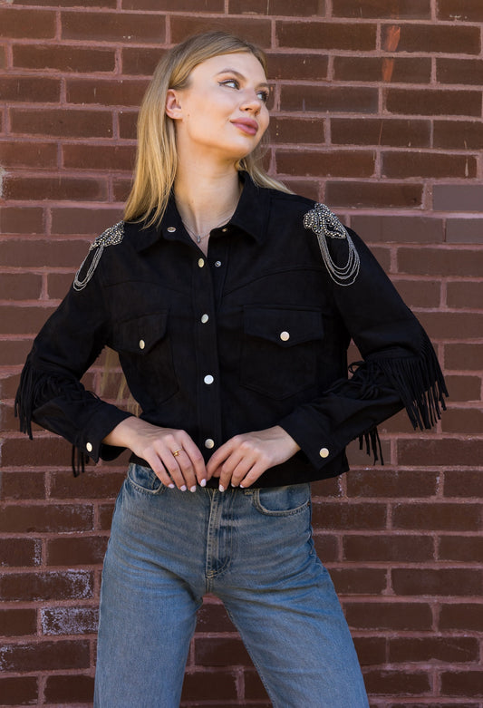 Jacket, Suede Fringe Black, Shoulder Medallions