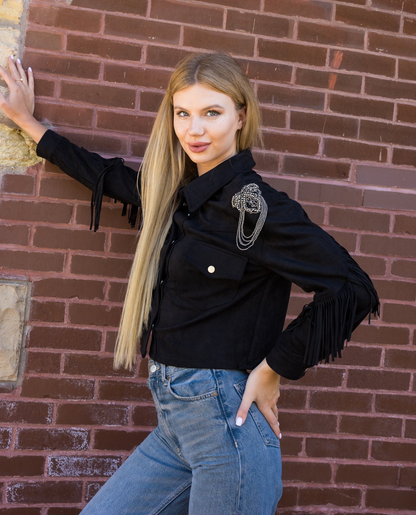 Jacket, Suede Fringe Black, Shoulder Medallions