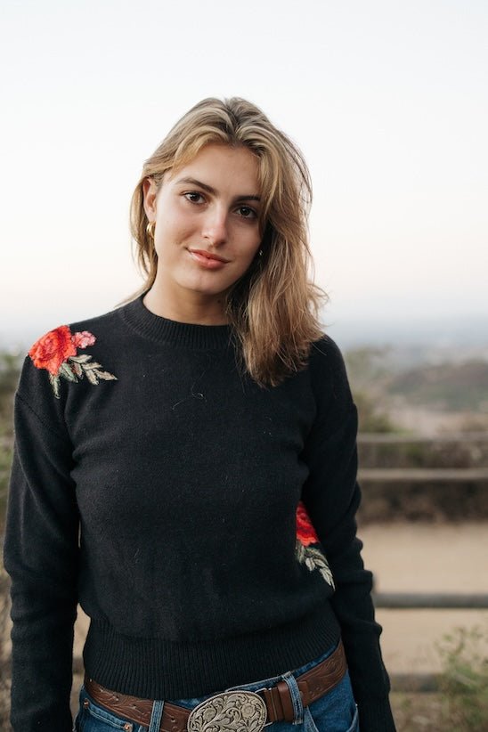 Pink Flowers Black Crewneck Sweater