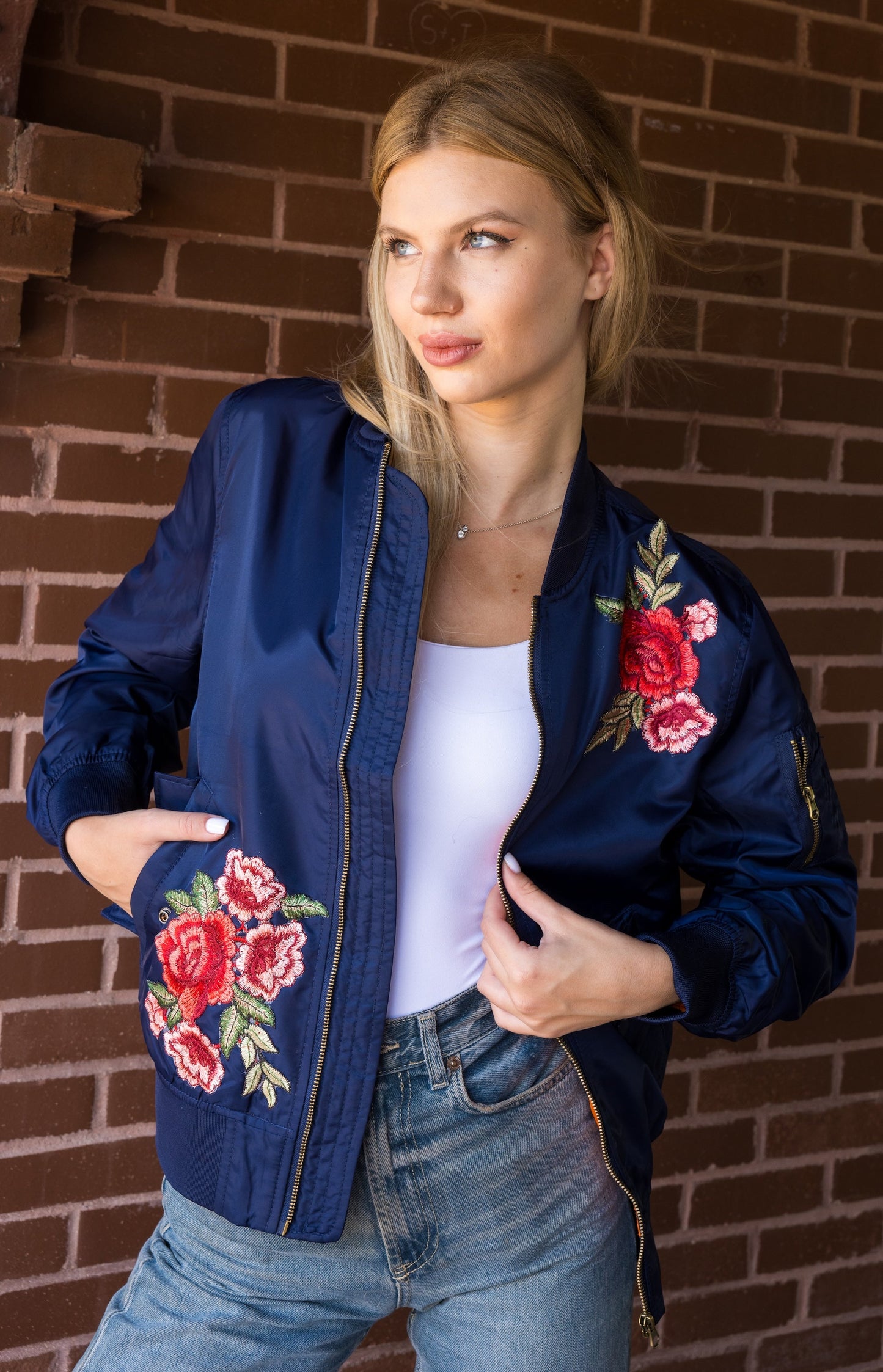 Jacket, Bomber Navy, Floral Patches