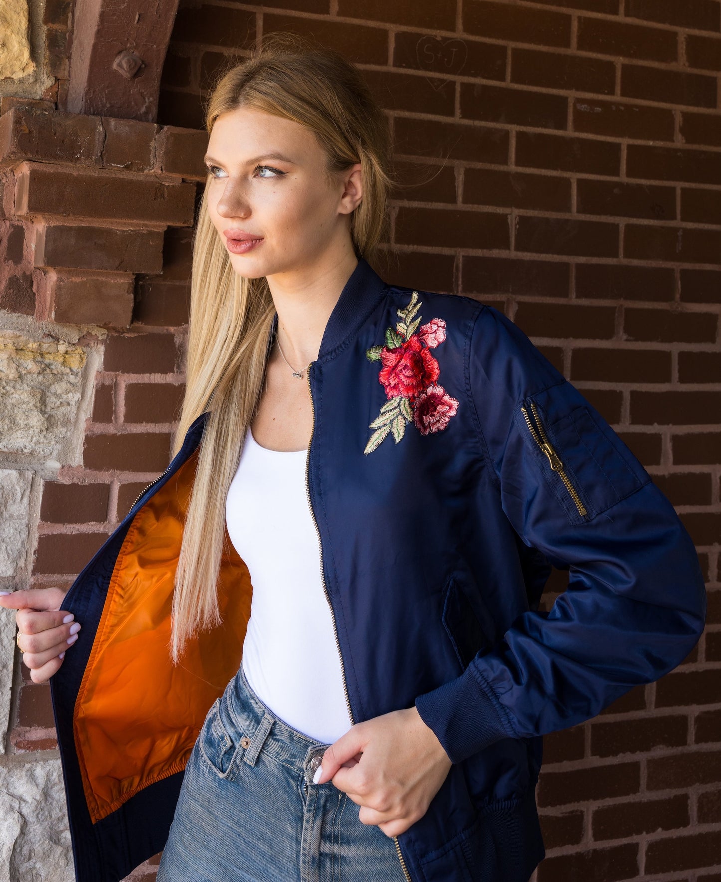 Jacket, Bomber Navy, Floral Patches