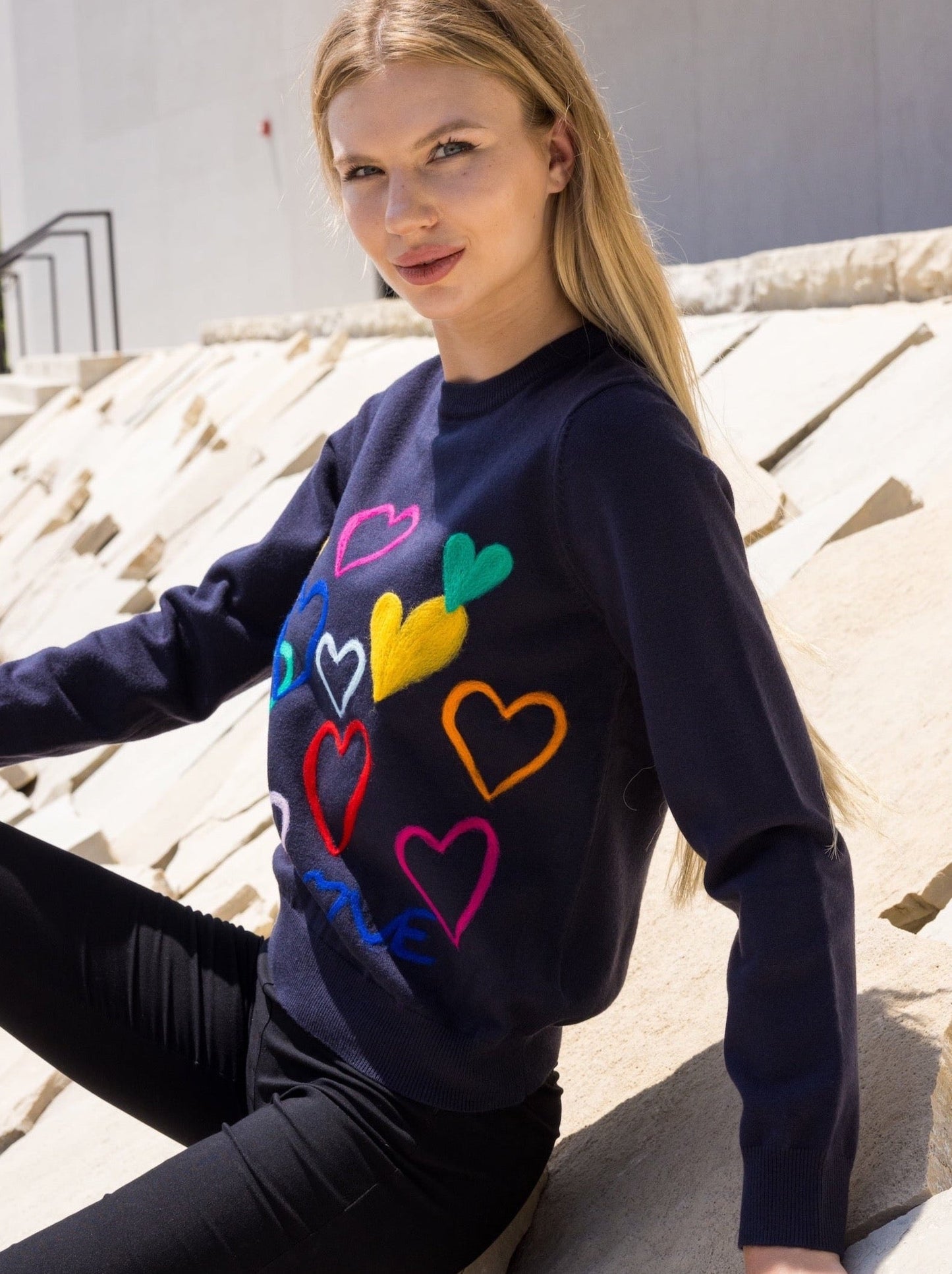 Navy & Multi Colored Embroidered Hearts Sweater