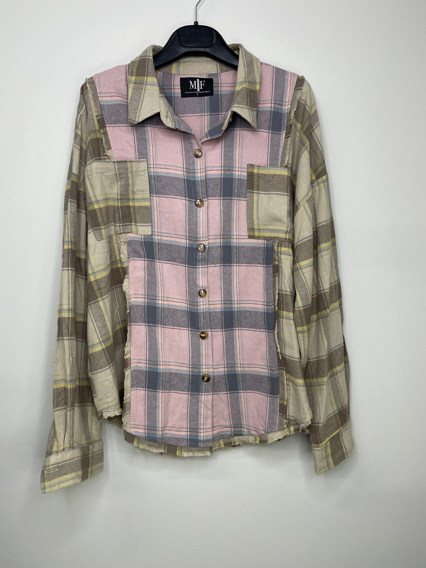 Shirt, Flannel Pink Plaid, Gold Crystal Love