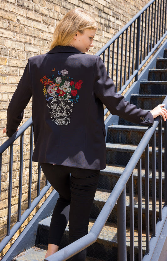 Blazer, Black w/ Pink Lining, Skull Flowers